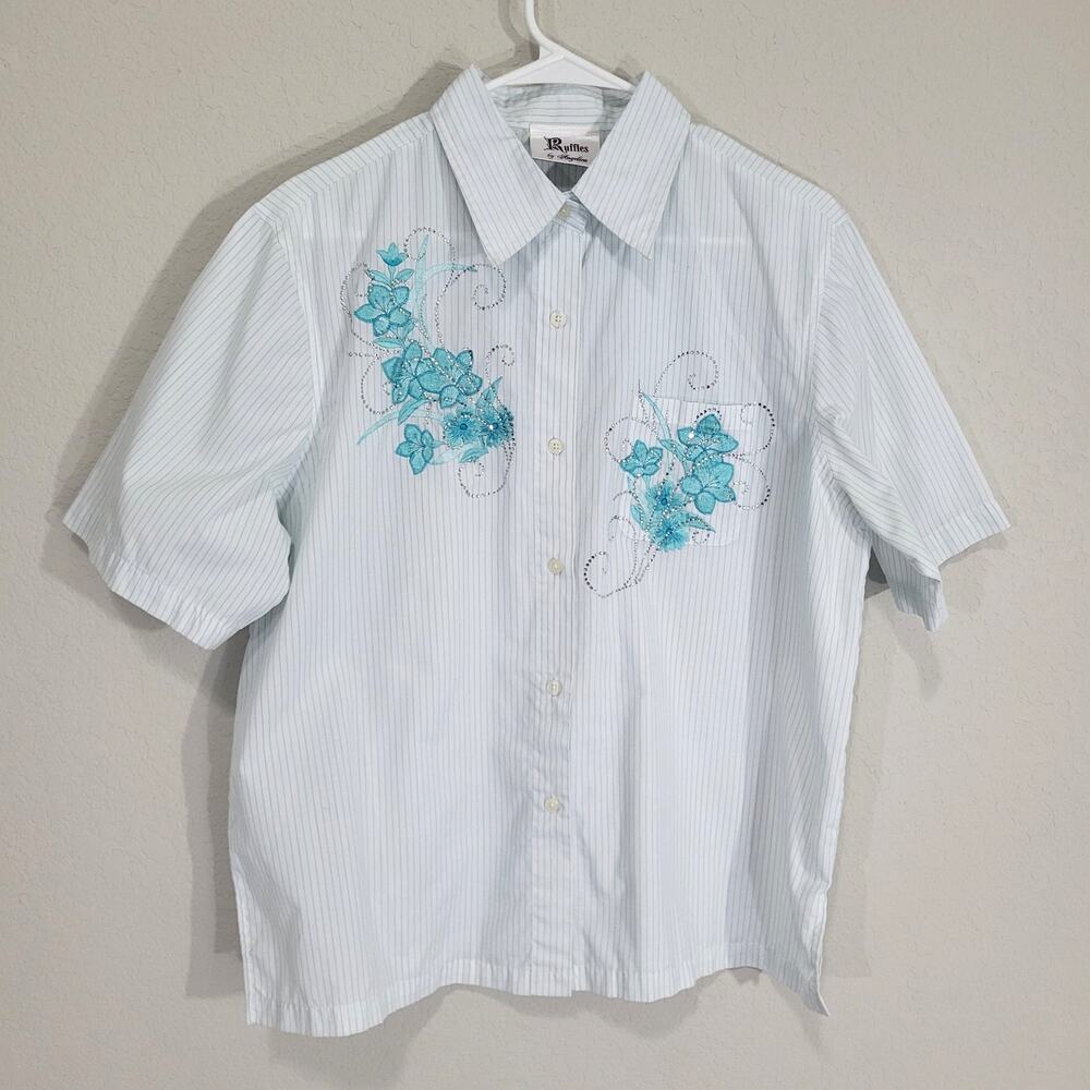 Vintage 80s Shirt Large Ruffles by Angelica Floral Embroidery Rhinestones Stripe